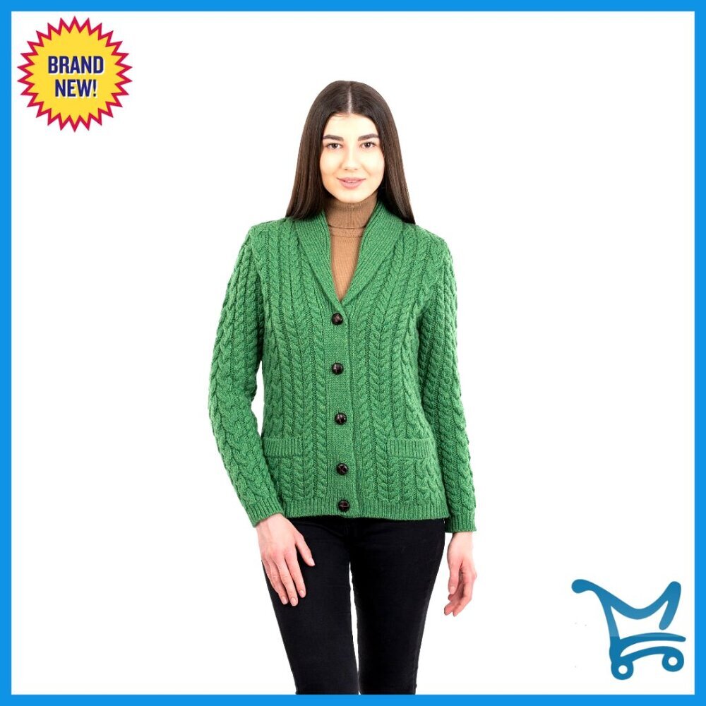100% Merino Wool Cardigan with Pockets Shawl Neck V-Neck Sweater